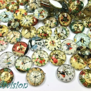 50  Glas Cabochons 12mm rund flach Motiv Uhr Mix Glascabochons #53