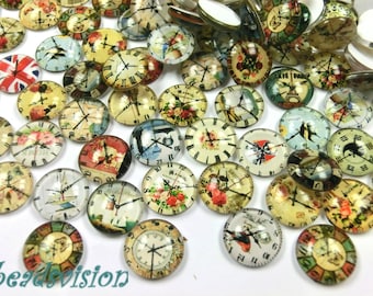 50 glass cabochons 12 mm round flat motif clock mix glass cabochons #53