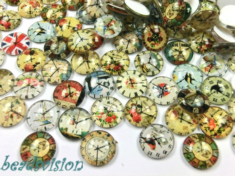 50 glass cabochons 12 mm round flat motif clock mix glass cabochons 53 image 1