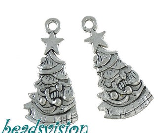 10/30 Charms Fir Tree 26x13mm Christmas Tree Pendant Color Antique Silver Metal #S566