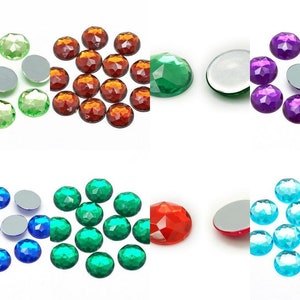 20 faceted cabochons 12 mm acrylic selection green, brown, purple, blue, red turquoise round faceted