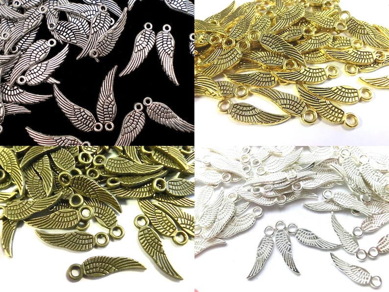 100 WINGS pendant angel wings 17 x 5 mm charms color choice silver antique silver gold and bronze angel spacer lucky charm metal image 1