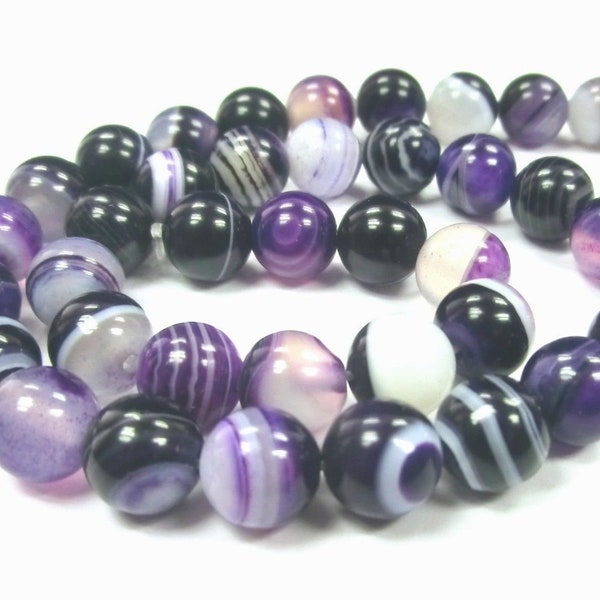 Agate 8 mm lilac colors striped balls pearl round 1 strand purple