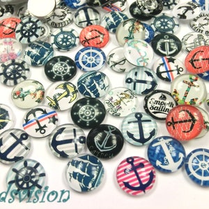 50 x Glas Cabochons 12mm rund flach Motiv Maritim Anker Ruder Mix 12x4mm #55