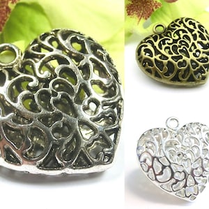 Heart Charm Pendant Metal Pendant 35 mm 3D filigree color choice silver bronze antique silver chain pendant