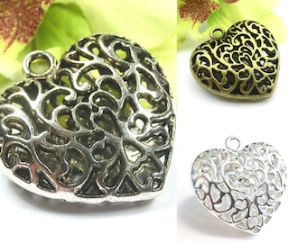 Heart Charm Pendant Metal Pendant 35 mm 3D filigree color choice silver bronze antique silver chain pendant