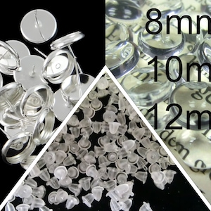 Könnte beinhalten: Nahaufnahme von silbernen Ohrring-Einstellungen mit durchsichtigen Ohrring-Rücken. Die Ohrring-Einstellungen haben einen Durchmesser von 8 mm, 10 mm und 12 mm.
