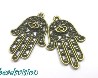 2 / 10 pendentifs breloques main de Fatima 35 mm couleur bronze métal Fatima Hamsa #S338