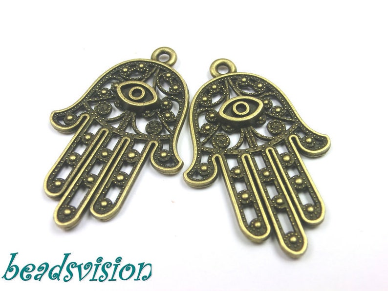 2 / 10 pendant charms Fatima's hand 35 mm color bronze metal Fatima Hamsa S338 image 1