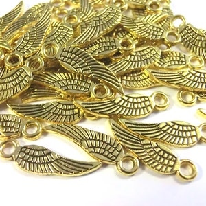 100 WINGS pendant angel wings 17 x 5 mm charms color choice silver antique silver gold and bronze angel spacer lucky charm metal Gold #S592