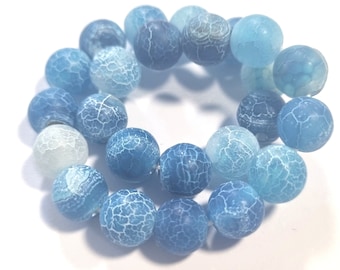 Agate 8 mm bleu clair blanc mat perles rondes bleu