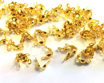 100 CRIMP CALOTS folding capsules threading caps end pieces color gold laminating beads #S298