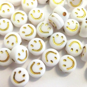 Smiley Beads Happy Beads 50-200 Pieces Peace Sign Happy Weiß Gold #24