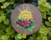 Vintage Round Wood Box w Happy Sunshine and Flower Art