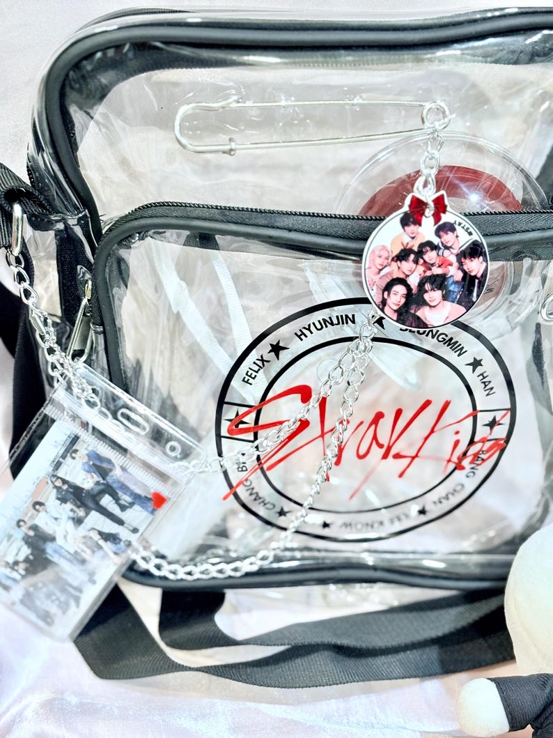 Puede incluir: Una bolsa de pl&aacute;stico transparente con una correa negra y una cadena plateada. La bolsa tiene un logotipo en blanco y negro con el texto "Stray Kids" y los nombres de los miembros. Hay un llavero de pl&aacute;stico transparente con una foto de los miembros de la banda unido a la bolsa.