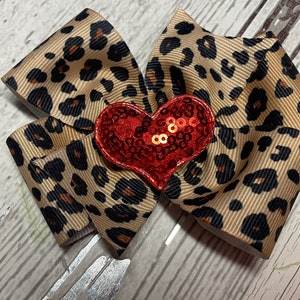Magnificent Treasures 4 Valentine Ribbon Hair Bow Leopard in Love