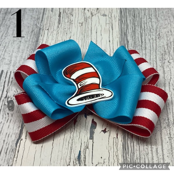 Cat In The Hat Hair Bow, Dr. Seuss Hair Bow, Red Hair Bow stripped ribbon Thing 1 Thing 2 Hairbow