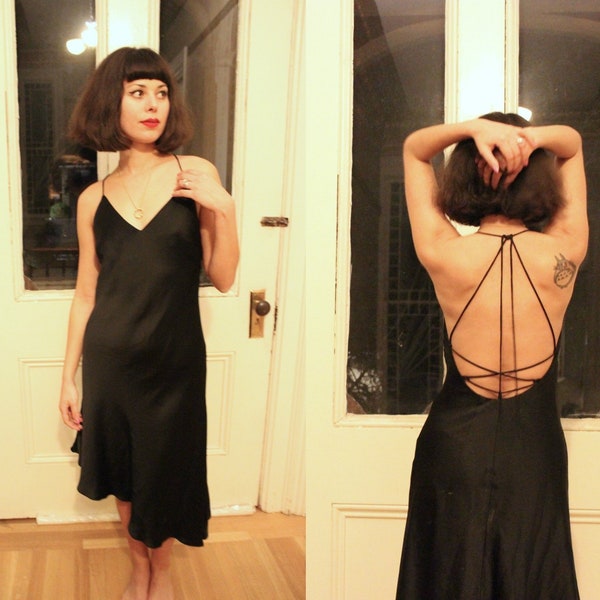 90s Slinky open-back Black Midi Dress. Lolita glam. SZ Small