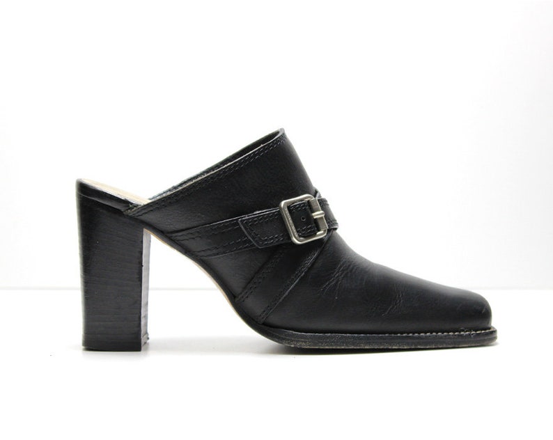 black leather block heel mules