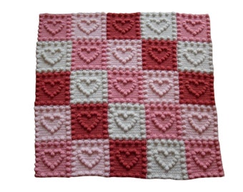 Baby Blanket CROCHET PATTERN Heart Motifs Puff Stitch Blanket