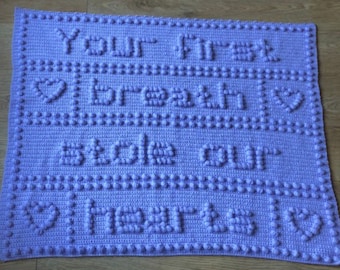 Words Baby Blanket CROCHET PATTERN Your First Breath  - Puff Stitch
