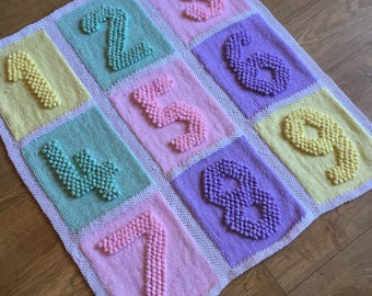 Number Squares Baby Blanket KNITTING PATTERN Bobble Stitch one-piece Blanket - Intarsia or Plain