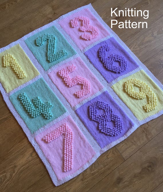 Number Squares Baby Blanket Knitting Pattern Bobble Stitch One Piece Blanket Intarsia Or Plain