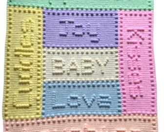 Baby Blanket CROCHET PATTERN Puff Stitch Words- Joy Motifs