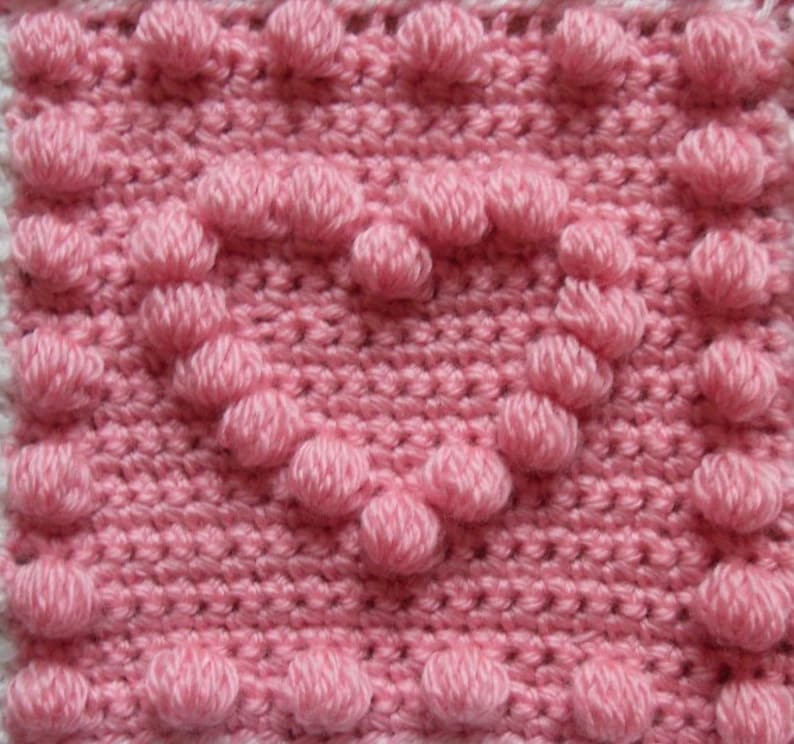 Baby Blanket Crochet Pattern Heart Motif Puff Stitch Beginner Easy