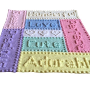 Baby Blanket Crochet Pattern Motifs Words Hearts Puff Stitch Colourful