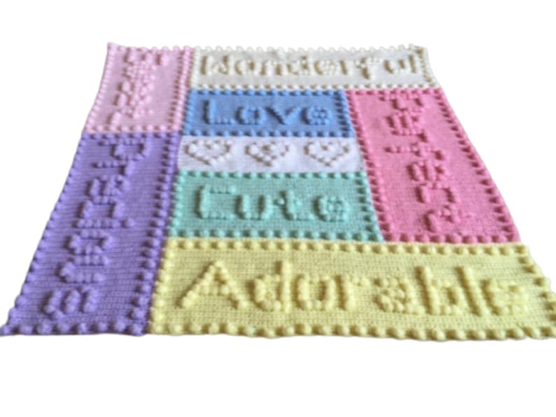 Baby Blanket Crochet Pattern Motifs Words Hearts Puff Stitch Colourful