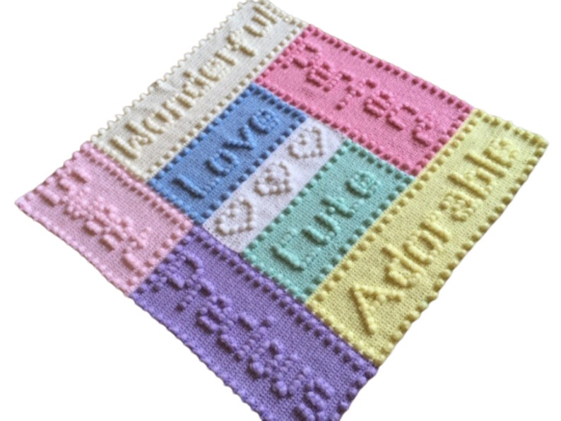Crochet Pattern for Baby Blanket Words Hearts Puff Stitch Motif Version nursery decor
