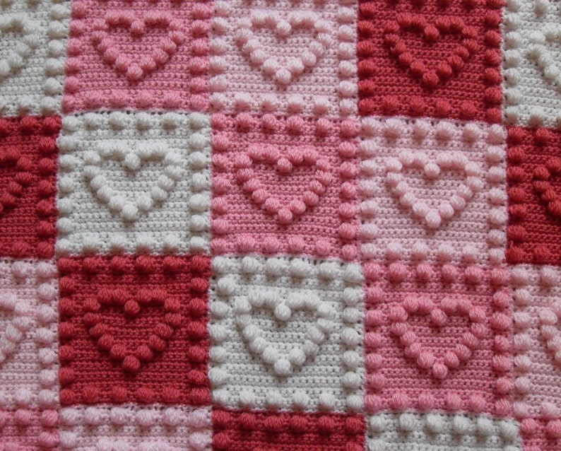 Baby Blanket Crochet Pattern Puff Stitch Heart Motif Beginner Easy