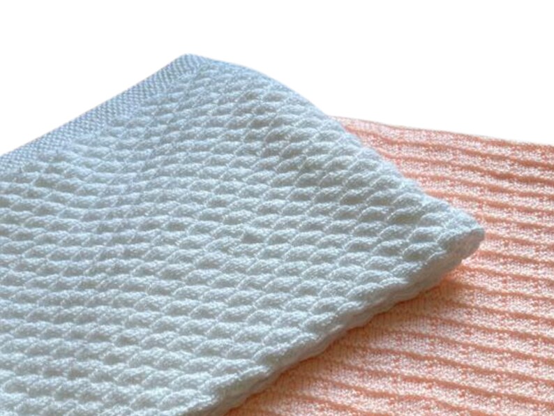 Two crocheted baby blankets patterns, diamond and square pattern. Geometic patterns