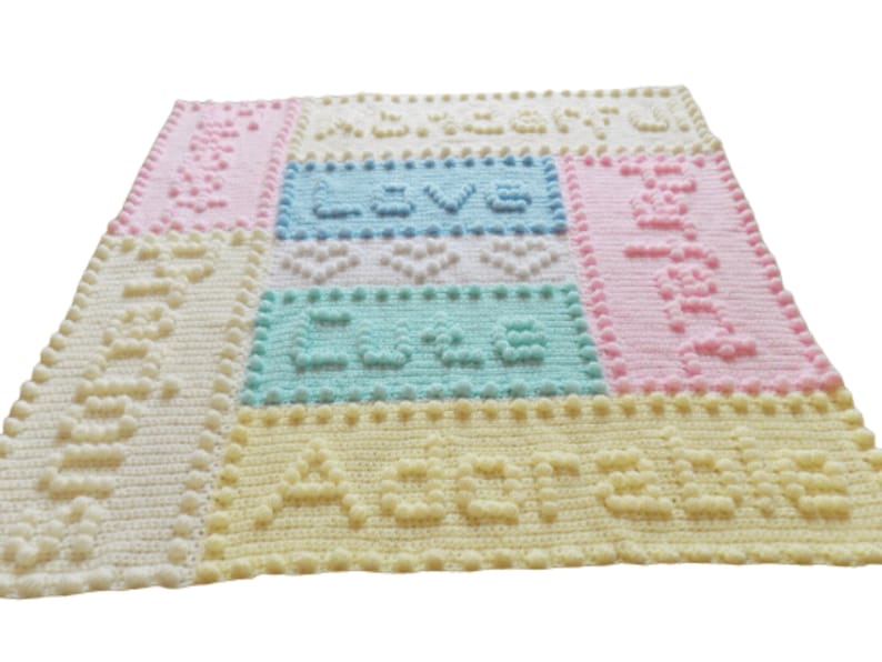 Baby Blanket Crochet Pattern Motif Version Words Hearts Love Puff Stitch