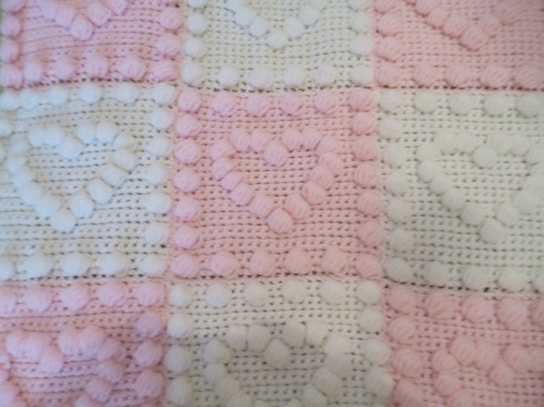 Baby Blanket Crochet Pattern Heart Motif Puff Stitch Beginner Easy