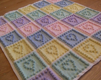 Heart Squares KNITTING PATTERN Baby Blanket Bobble Stitch - Intarsia & Plain