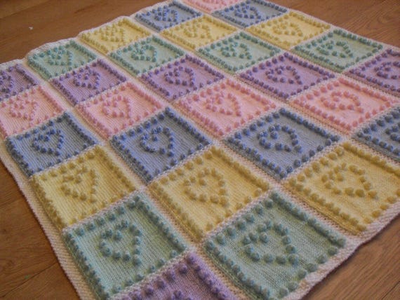 Heart Squares KNITTING PATTERN Baby Blanket Bobble Stitch Intarsia Plain Etsy Canada