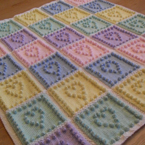 Heart Squares KNITTING PATTERN Baby Blanket Bobble Stitch - Intarsia & Plain