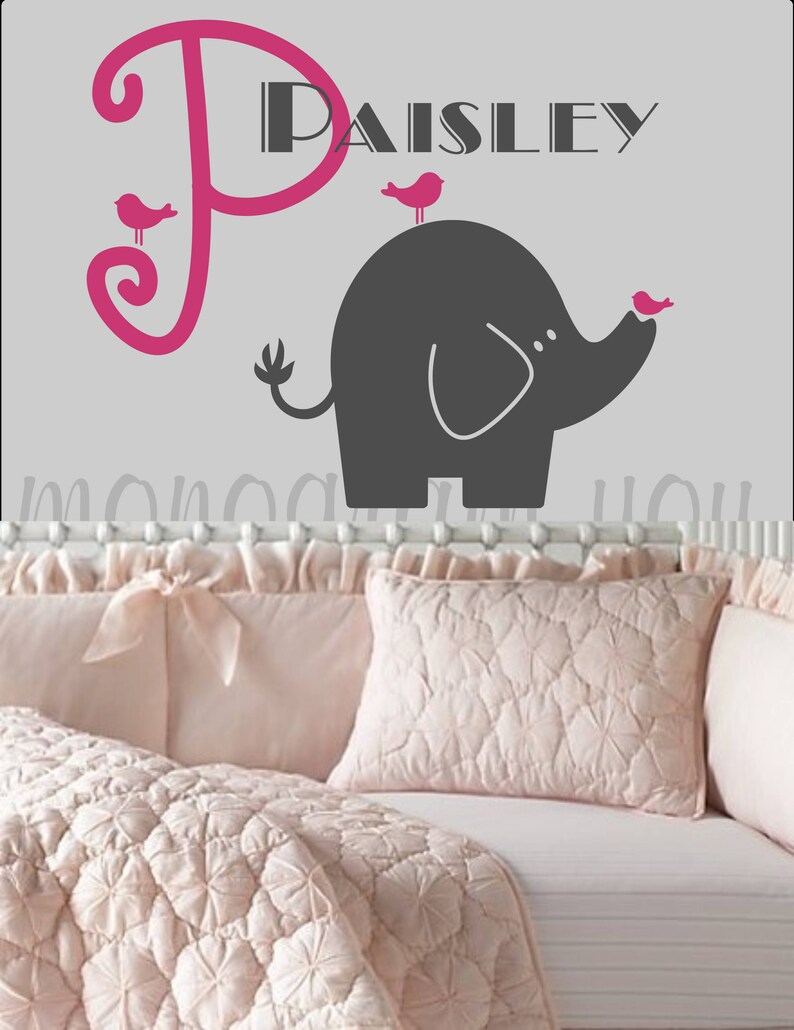 Kids Room Decal Nursery Wall Decal Girls Name Wall Decal with Elephant /& Birds Personalized Decal