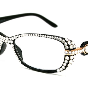 Glamour Quilted, (Bling) Reading Glasses 4 Women With (Full Top)(Clear)Genuine European Crystals +1.25 to +3 (Black) Frame, NY fifth avenue.