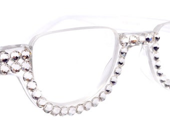 Half Moon, (Bling) Reading Glasses For Woman Adorned W (Clear) Genuine European Crystals, (Translucent) Lower Nose Frame, NY Fifth Avenue