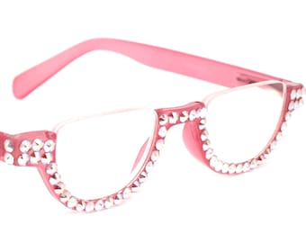 Half Moon, (Bling) Woman Reading Glasses W (Rose, AB Aurora Borealis) Genuine European Crystals Reader +1.25 +1.50.+4 Frame, NY Fifth Avenue
