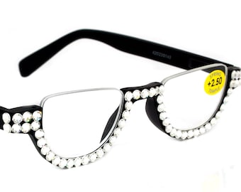 Half Moon, (Bling) Woman Reading Glasses Adorned w (Clear) Genuine European Crystals , Reader +1.25 to +4 Magnifying, Frame, NY Fifth Avenue
