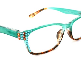 Desiree, (Bling) Women Reading Glasses W (Aquamarine, Cooper) Genuine European Crystals. +1.5 ..+6 Square. High Strength. NY Fifth Avenue