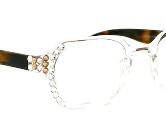 The Hexagon, (Bling) Women Reading Glasses W (Clear, L. Colorado) Genuine Crystals  (Translucent Clear, Brown TortoiseShell) NY Fifth Avenue