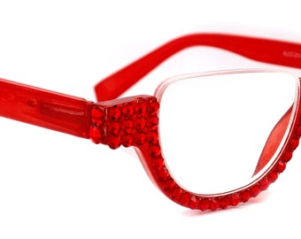 Half Moon, (Bling) Woman Reading Glasses Adorned W (Light Siam) Genuine European Crystals, Reader Magnifying,   (Red) NY Fifth Avenue.
