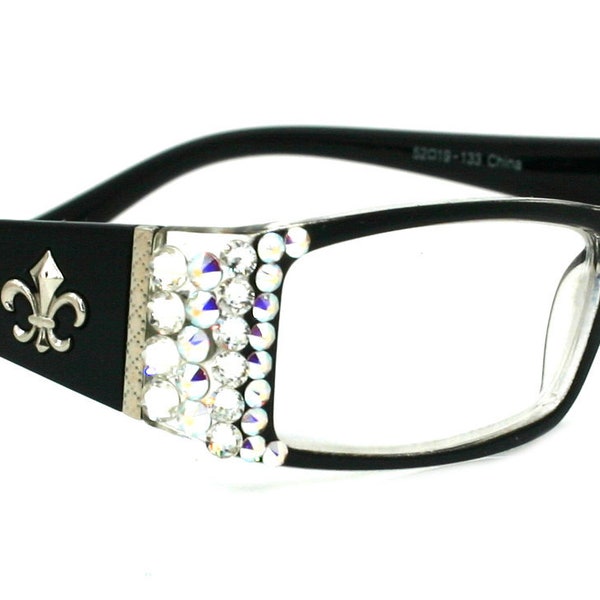 The French, (Bling) (Fleur De Lis) Lunettes de lecture pour femmes W (Clair, AB Aurora Borealis) Véritables cristaux européens (Noir) NY Fifth Avenue