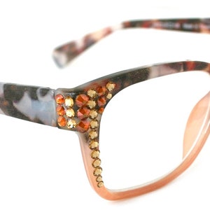 Aya, (Bling) Women Reading Glasses Adorned W ( Cooper, Light Colorado) Genuine European Crystals. +1.25.. +3 Square  NY Fifth Avenue