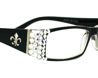 The French, (Bling) (Fleur De Lis) Women Reading Glasses W (Clear, AB Aurora Borealis) Genuine European Crystals  (Black)  NY Fifth Avenue